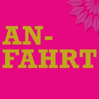 Gelber Text AN-FAHRT auf rosa Hintergrund mit einer teilweise geometrischen Blume in der oberen rechten Ecke.