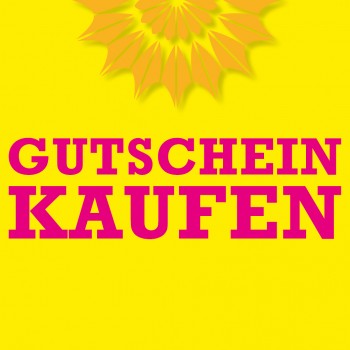 Gelber Hintergrund mit einer stilisierten Sonne und einem kräftigen rosa Text mit der Aufschrift „GUTSCHEIN KAUFEN“.