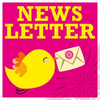Gelber Vogel, der einen Umschlag hält, unter einem großen gelben Text mit der Aufschrift „NEWSLETTER“ auf rosa Hintergrund.