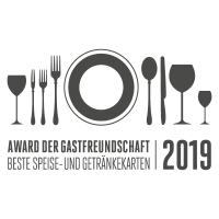 Teller-, Besteck- und Gläsersymbol mit deutschem Text und der Jahreszahl 2019 unten.