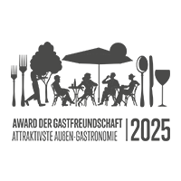 Silhouetten beim Essen im Freien mit Besteck, Baum und Sonne. Text: „Award der Gastfreundschaft 2025“.